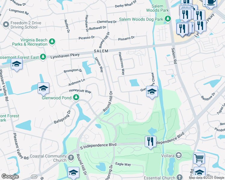 map of restaurants, bars, coffee shops, grocery stores, and more near 1669 Castlefield Road in Virginia Beach