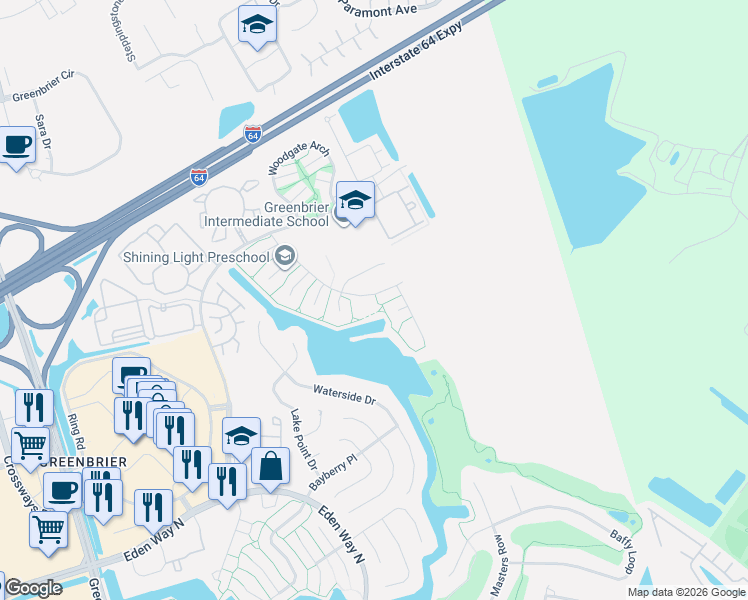 map of restaurants, bars, coffee shops, grocery stores, and more near 2208 Logans Mill Trail in Chesapeake