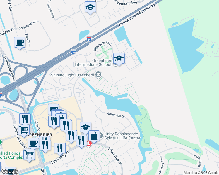 map of restaurants, bars, coffee shops, grocery stores, and more near 2000 Dawnee Brook Trail North in Chesapeake