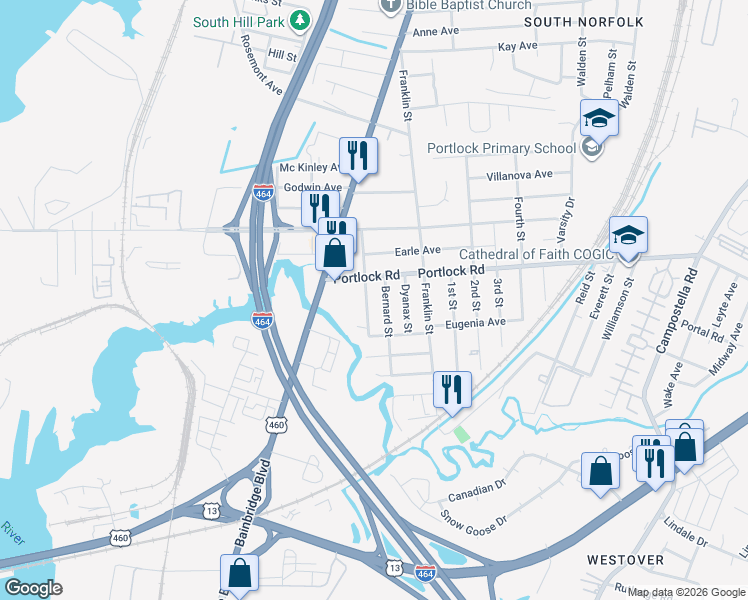 map of restaurants, bars, coffee shops, grocery stores, and more near 4101 Bernard Street in Chesapeake