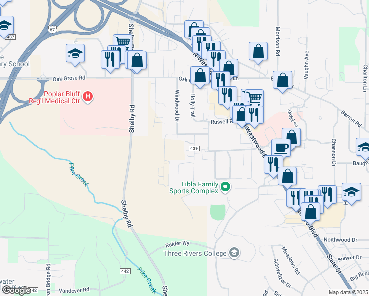 map of restaurants, bars, coffee shops, grocery stores, and more near 2934 Oakmoore Drive in Poplar Bluff