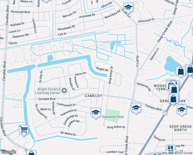 map of restaurants, bars, coffee shops, grocery stores, and more near 3004 Aaron Drive in Chesapeake
