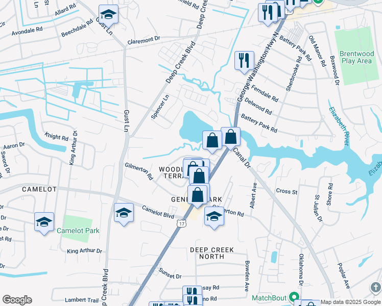 map of restaurants, bars, coffee shops, grocery stores, and more near 1130 Woodland Terrace Drive in Chesapeake