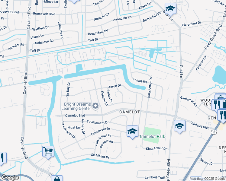 map of restaurants, bars, coffee shops, grocery stores, and more near 3004 Gauntlet Court in Chesapeake