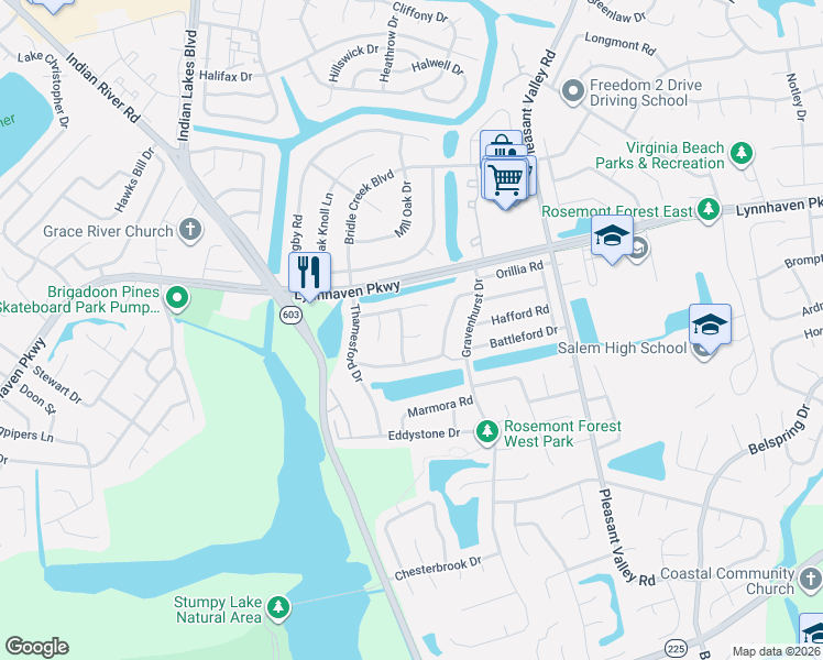 map of restaurants, bars, coffee shops, grocery stores, and more near 1517 Millington Drive in Virginia Beach