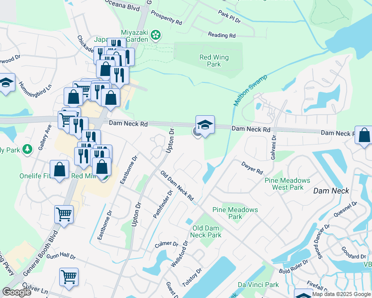 map of restaurants, bars, coffee shops, grocery stores, and more near 1600 Lockridge Court in Virginia Beach