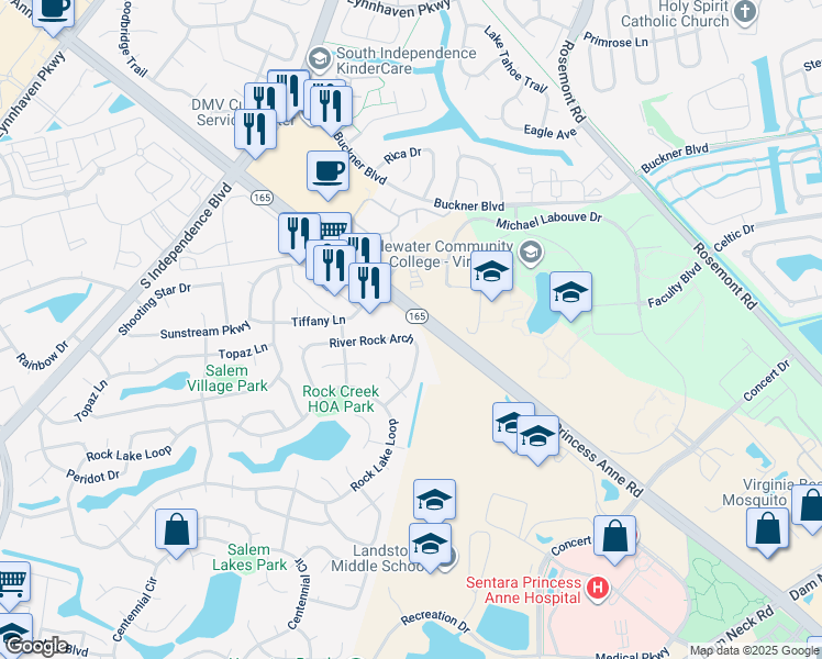 map of restaurants, bars, coffee shops, grocery stores, and more near 1741 River Rock Arch in Virginia Beach