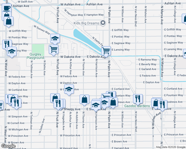 map of restaurants, bars, coffee shops, grocery stores, and more near 73 East Fedora Avenue in Fresno