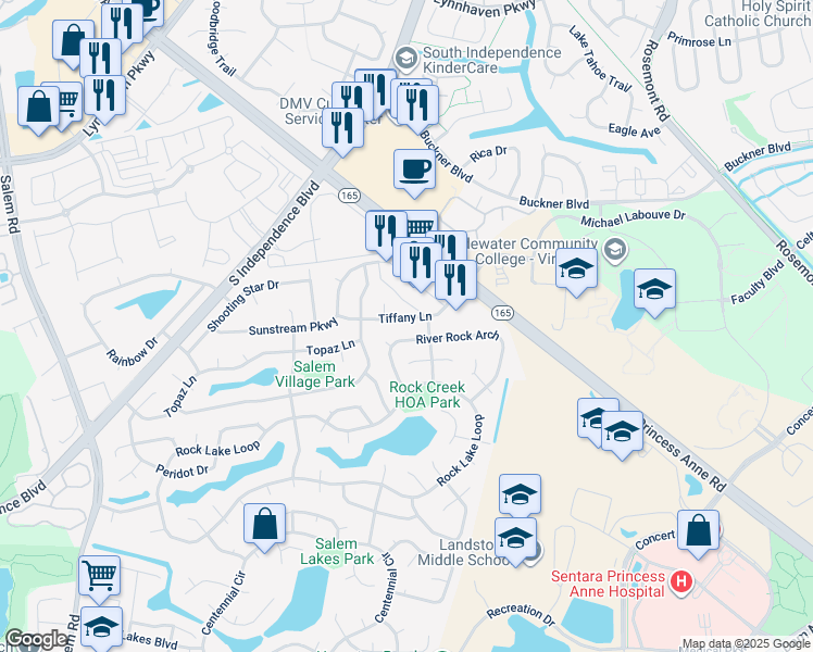 map of restaurants, bars, coffee shops, grocery stores, and more near 3817 Tiffany Lane in Virginia Beach