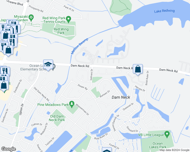 map of restaurants, bars, coffee shops, grocery stores, and more near 798 Casual Court in Virginia Beach