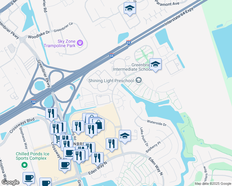 map of restaurants, bars, coffee shops, grocery stores, and more near 2204 Rock Cliff Reach in Chesapeake