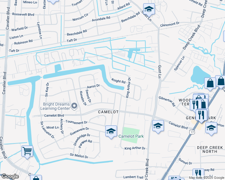 map of restaurants, bars, coffee shops, grocery stores, and more near 3004 Aaron Drive in Chesapeake
