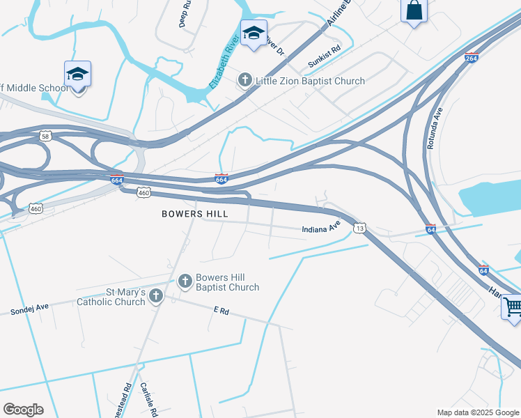 map of restaurants, bars, coffee shops, grocery stores, and more near 4508 South Military Highway in Chesapeake
