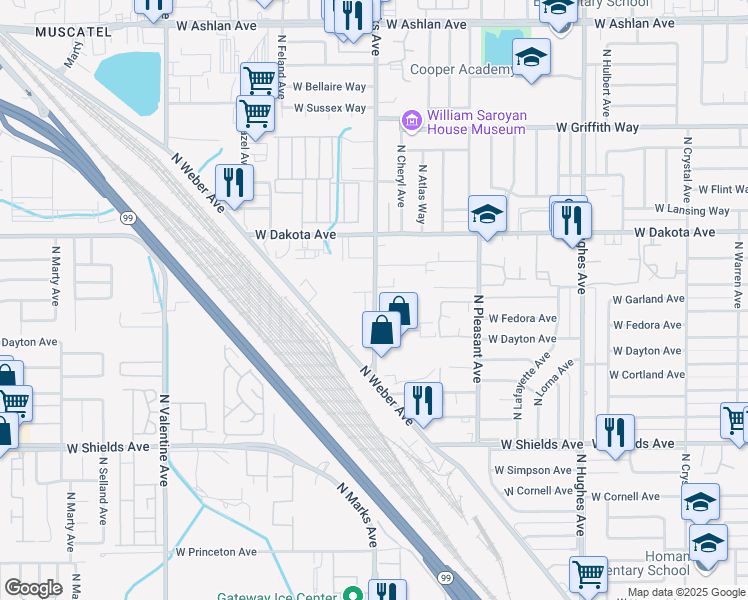 map of restaurants, bars, coffee shops, grocery stores, and more near 3282 North Marks Avenue in Fresno
