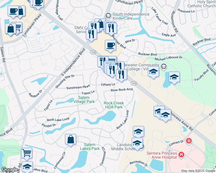 map of restaurants, bars, coffee shops, grocery stores, and more near 3817 Tiffany Lane in Virginia Beach