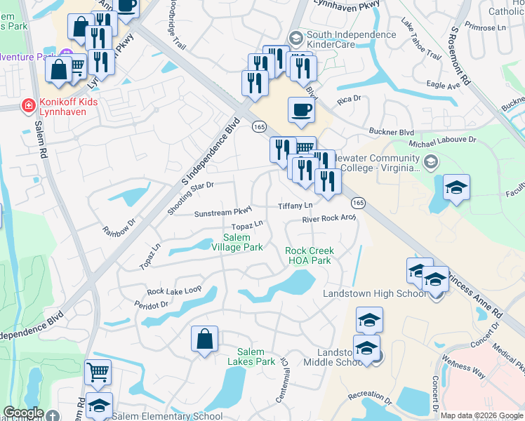 map of restaurants, bars, coffee shops, grocery stores, and more near 3860 Tiffany Lane in Virginia Beach