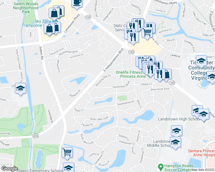 map of restaurants, bars, coffee shops, grocery stores, and more near 3920 Sunstream Parkway in Virginia Beach