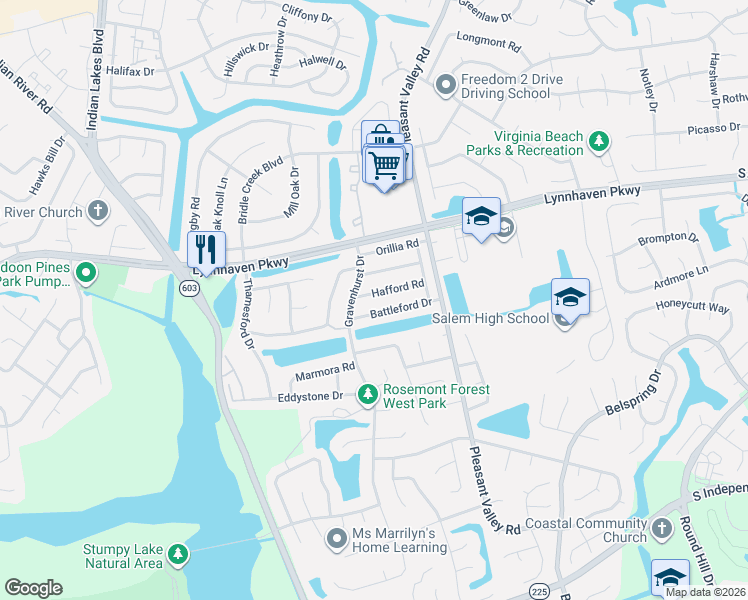 map of restaurants, bars, coffee shops, grocery stores, and more near 1354 Hafford Road in Virginia Beach