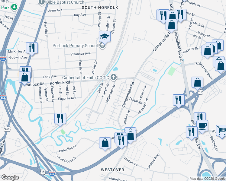 map of restaurants, bars, coffee shops, grocery stores, and more near 4116 Williamson Street in Chesapeake