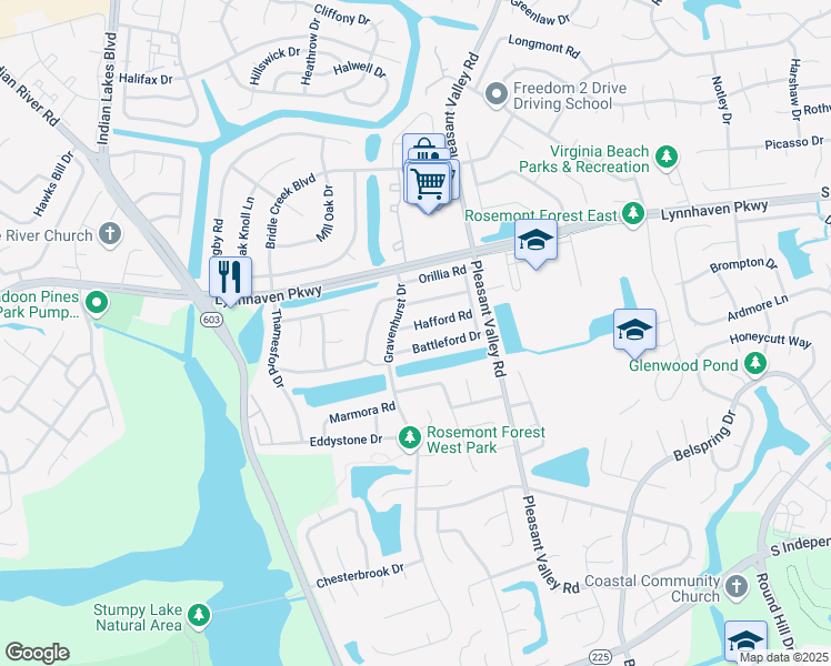 map of restaurants, bars, coffee shops, grocery stores, and more near 1359 Hafford Road in Virginia Beach