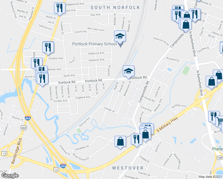 map of restaurants, bars, coffee shops, grocery stores, and more near 4115A Reid Street in Chesapeake