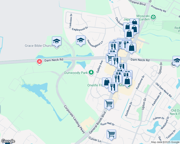 map of restaurants, bars, coffee shops, grocery stores, and more near 1200 Hubbell Drive in Virginia Beach