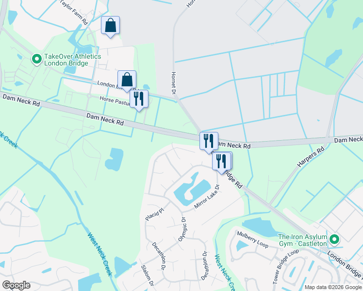 map of restaurants, bars, coffee shops, grocery stores, and more near 2324 Enchanted Forest Lane in Virginia Beach