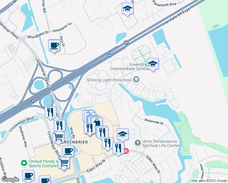 map of restaurants, bars, coffee shops, grocery stores, and more near 2204 Rock Cliff Reach in Chesapeake
