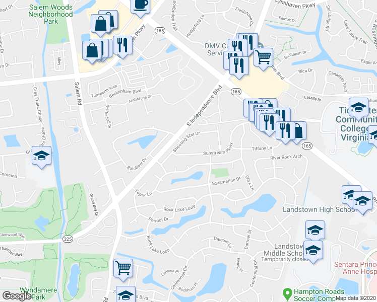 map of restaurants, bars, coffee shops, grocery stores, and more near 3944 Sunstream Parkway in Virginia Beach