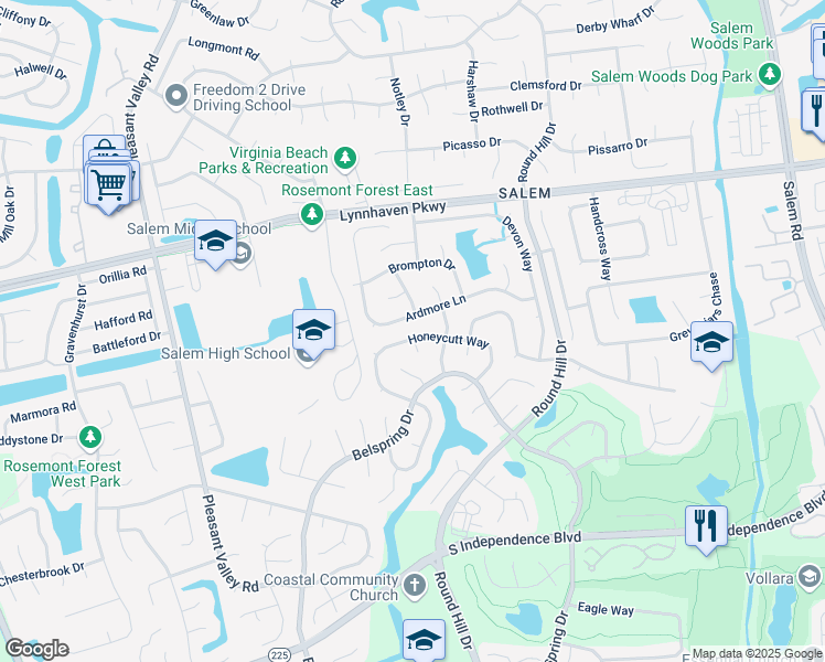 map of restaurants, bars, coffee shops, grocery stores, and more near 1004 Honeycutt Way in Virginia Beach