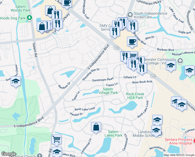 map of restaurants, bars, coffee shops, grocery stores, and more near 3920 Sunstream Parkway in Virginia Beach