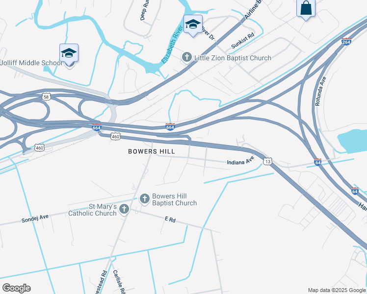 map of restaurants, bars, coffee shops, grocery stores, and more near 4522 South Military Highway in Chesapeake