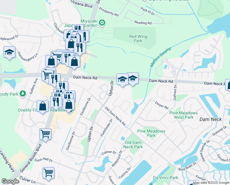 map of restaurants, bars, coffee shops, grocery stores, and more near 1644 Upton Drive in Virginia Beach