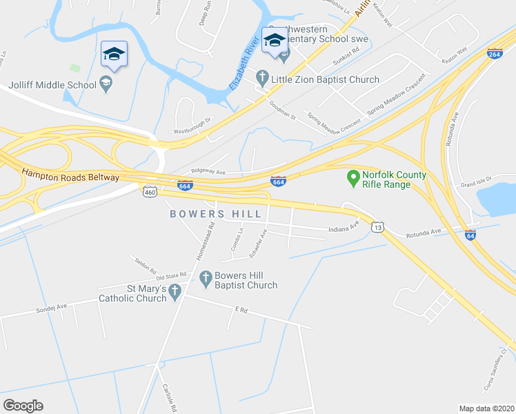 map of restaurants, bars, coffee shops, grocery stores, and more near 4524 South Military Highway in Chesapeake
