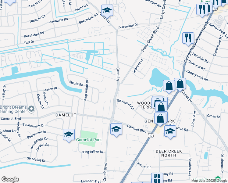 map of restaurants, bars, coffee shops, grocery stores, and more near 1224 Deep Creek Boulevard in Chesapeake