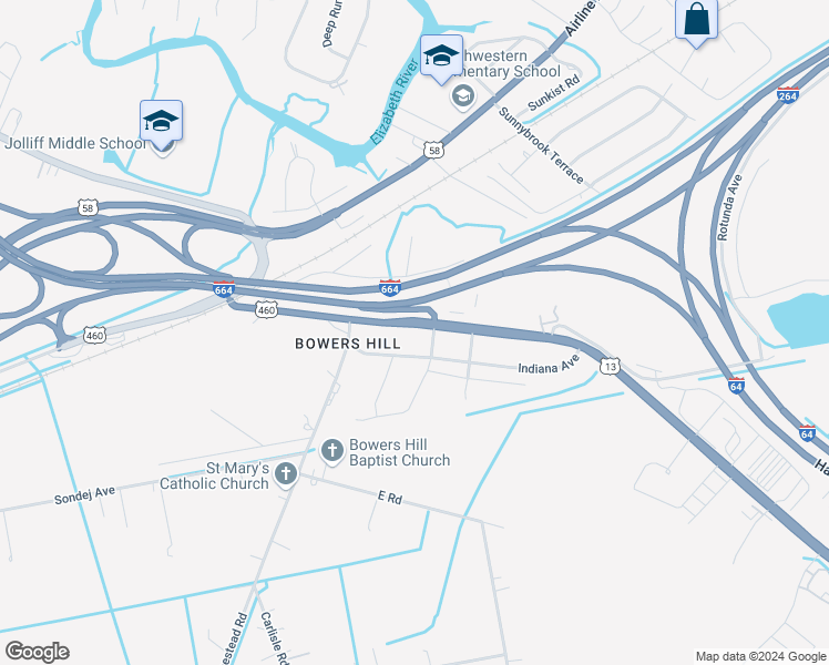 map of restaurants, bars, coffee shops, grocery stores, and more near 4524 South Military Highway in Chesapeake