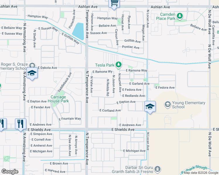 map of restaurants, bars, coffee shops, grocery stores, and more near 3381 North Redda Road in Fresno
