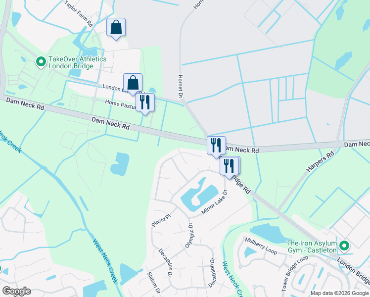 map of restaurants, bars, coffee shops, grocery stores, and more near 2324 Enchanted Forest Lane in Virginia Beach