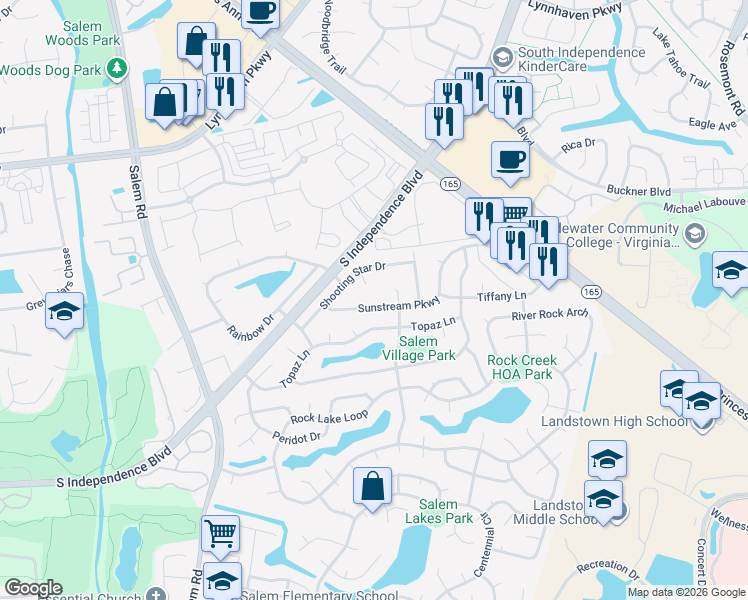 map of restaurants, bars, coffee shops, grocery stores, and more near 3920 Sunstream Parkway in Virginia Beach