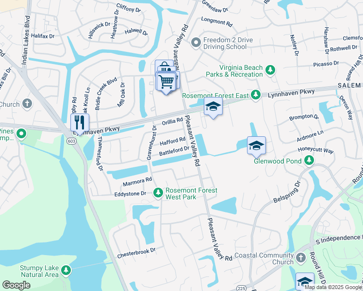 map of restaurants, bars, coffee shops, grocery stores, and more near 1317 Hafford Road in Virginia Beach