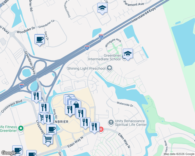 map of restaurants, bars, coffee shops, grocery stores, and more near 1716-1718 Rock Bridge Mews in Chesapeake