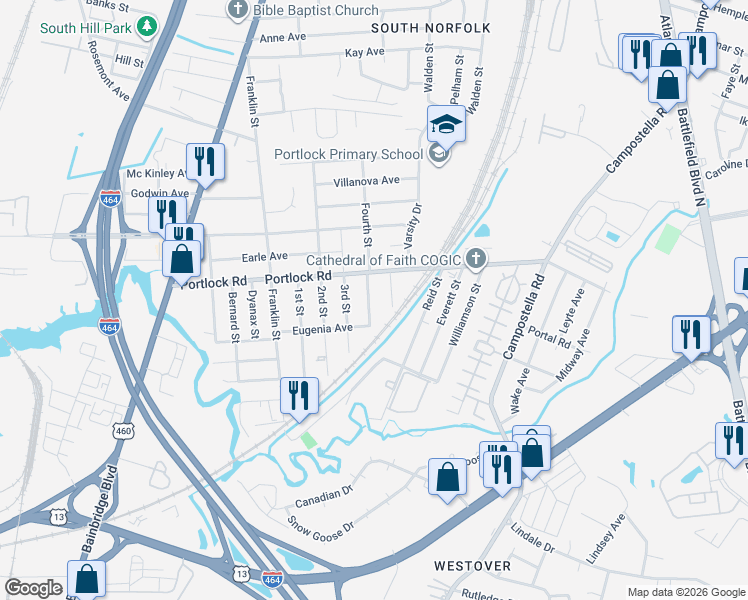 map of restaurants, bars, coffee shops, grocery stores, and more near 4105 Fourth Street in Chesapeake