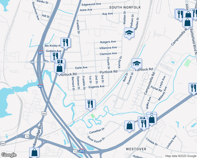 map of restaurants, bars, coffee shops, grocery stores, and more near 4104 3rd Street in Chesapeake