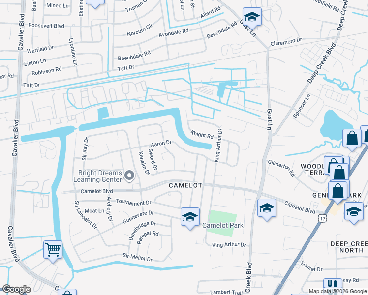 map of restaurants, bars, coffee shops, grocery stores, and more near 3024 Aaron Drive in Chesapeake