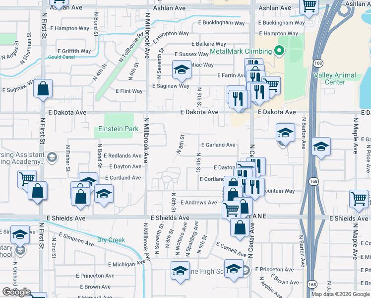 map of restaurants, bars, coffee shops, grocery stores, and more near 3650 North 8th Street in Fresno