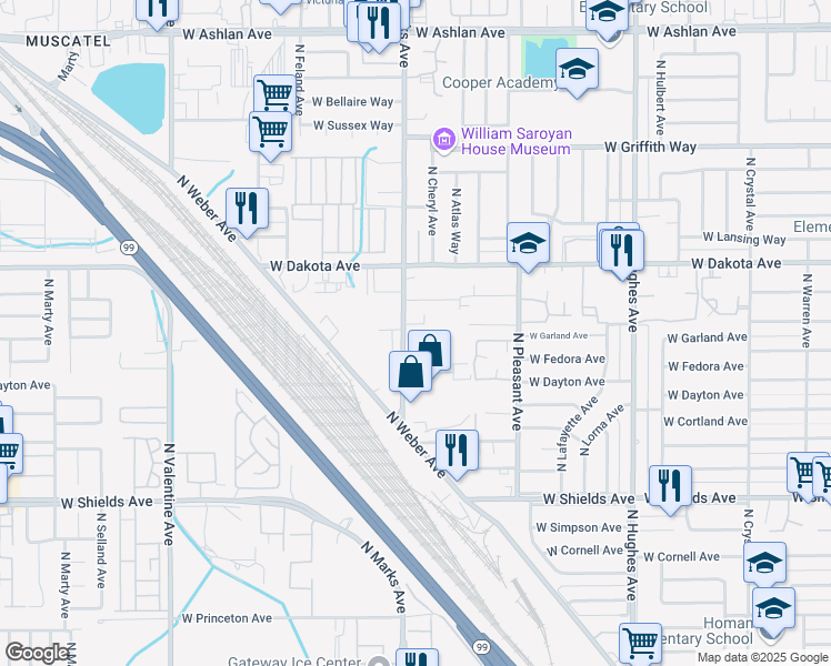 map of restaurants, bars, coffee shops, grocery stores, and more near 3282 North Marks Avenue in Fresno