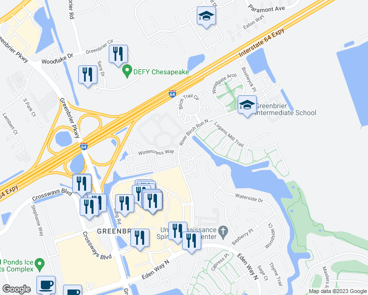 map of restaurants, bars, coffee shops, grocery stores, and more near 1732 Rock Bridge Mews in Chesapeake