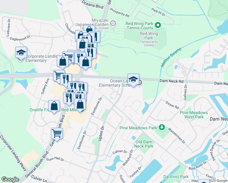 map of restaurants, bars, coffee shops, grocery stores, and more near 1649 Pattington Circle in Virginia Beach