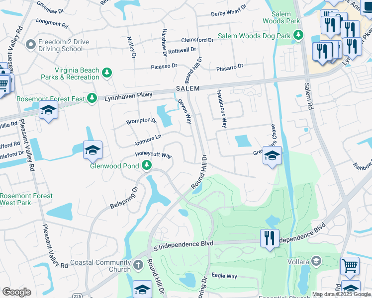 map of restaurants, bars, coffee shops, grocery stores, and more near 1849 Burwillow Drive in Virginia Beach