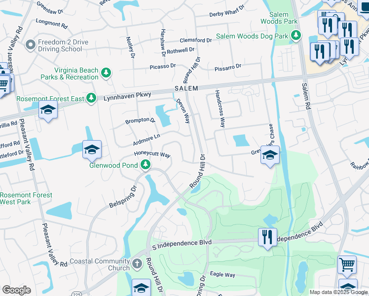 map of restaurants, bars, coffee shops, grocery stores, and more near 1849 Burwillow Drive in Virginia Beach